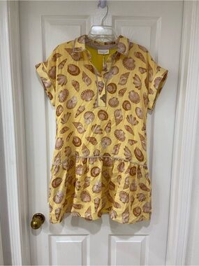 New Nautical Coastal Chic Mustard Yellow Seashell Print Mini Dress